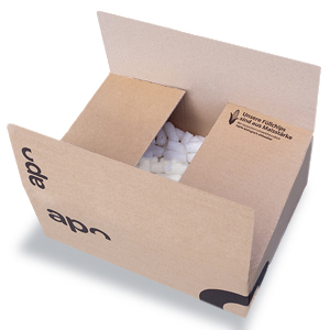 Ein Karton von versandapo.de, welcher mit Maischips als Verpackungsmaterial gefüllt ist