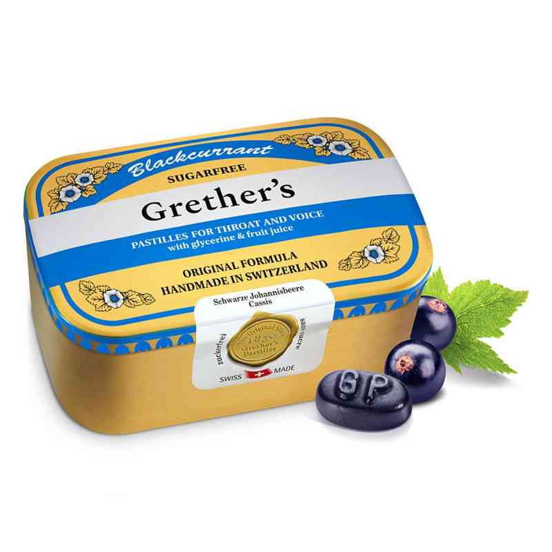 Grethers Blackcurrant Silber zuckerfrei Pastillen Dose 440 g von Hager Pharma GmbH PZN 03806011